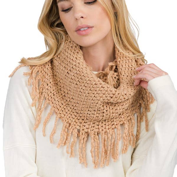 Cap Zone - Wholesale Scarf - Women's - Mesh Seed Stitch Knit Fray Trim Infinity Scarf4
