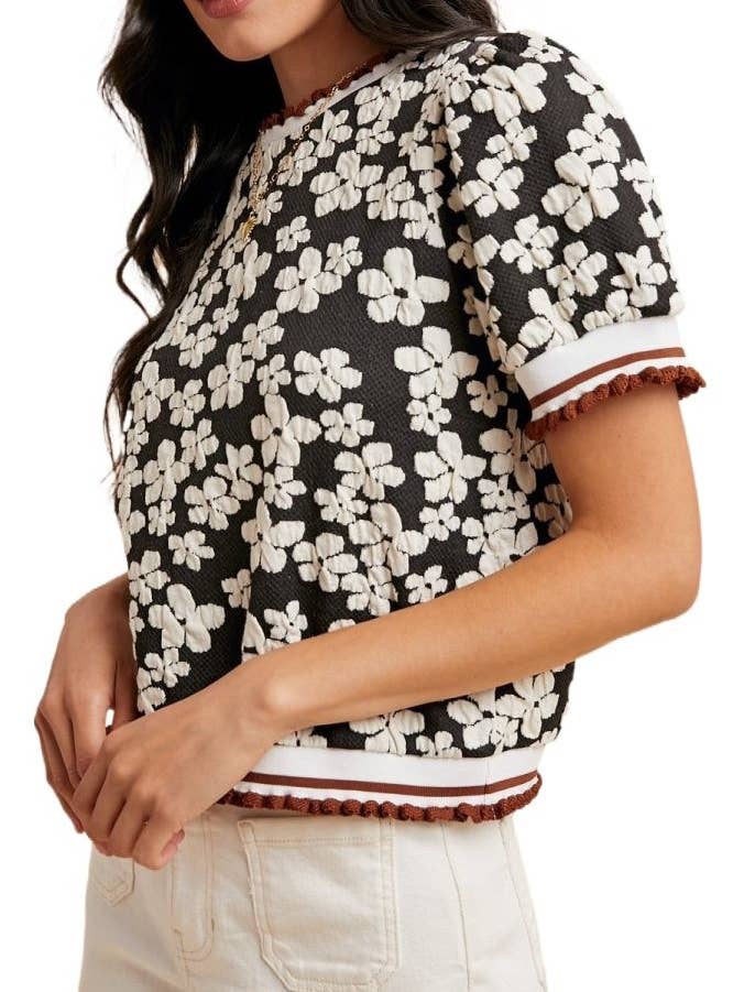 Flower Embossing Puff Sleeve Knit Top for wholesale by Vanilla Monkey
