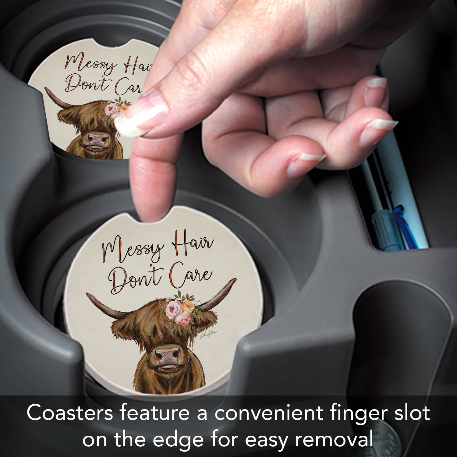 CounterArt/Highland Home/Thirstystone - Wholesale Car Coaster - Women's - "Messy Hair Cow" Absorbent Stone Car Coaster 1pk2