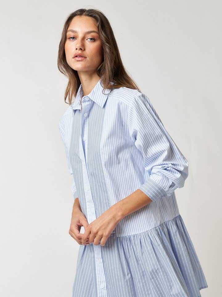 ILD3342Â STRIPE BUTTON UP COLLARED MINI SHIRT DRESS for wholesale on Faire