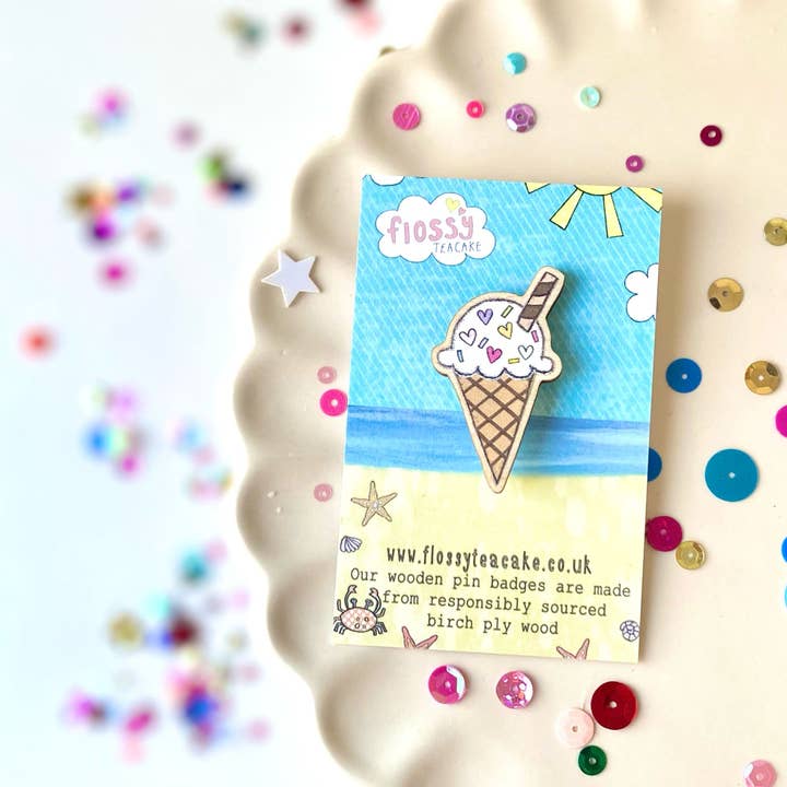 Ice Cream Cone Wooden Pin Badge for wholesale by Flossy Teacake