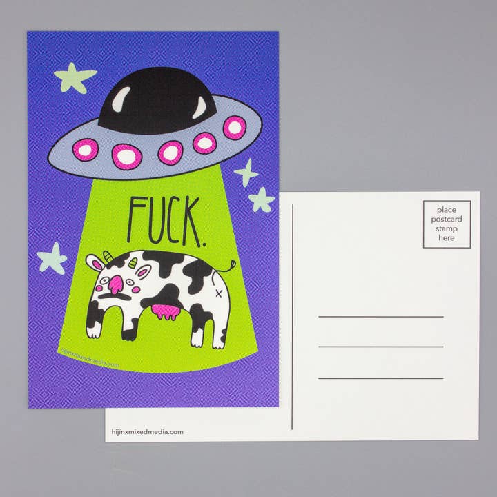 Cow Abductee “FUCK” 4x6 Postcard for wholesale by Hijinx Mixed Media