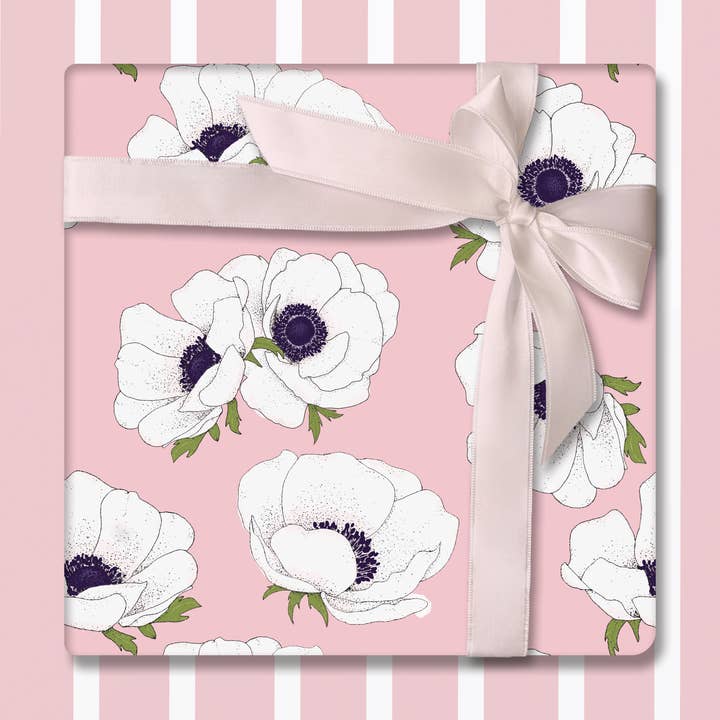 White Anemone on Pink – Double-Sided Wrapping Paper for wholesale by Ballard & Prescott