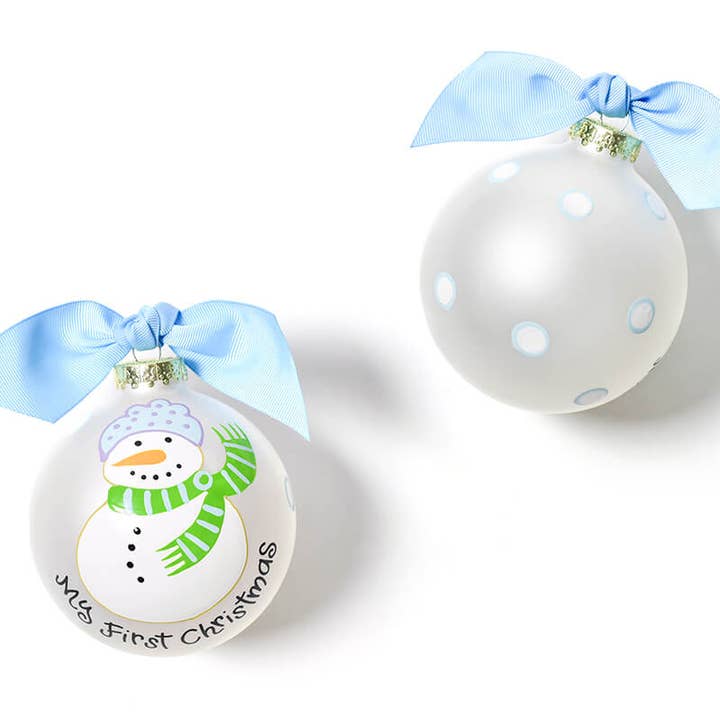 Blue My First Christmas Snowman Glass Ornament for wholesale by Coton Colors