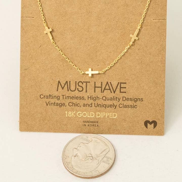 Fame Accessories - Wholesale Pendant/Charm Necklace - Gold Dipped Dainty Cross Station Necklace