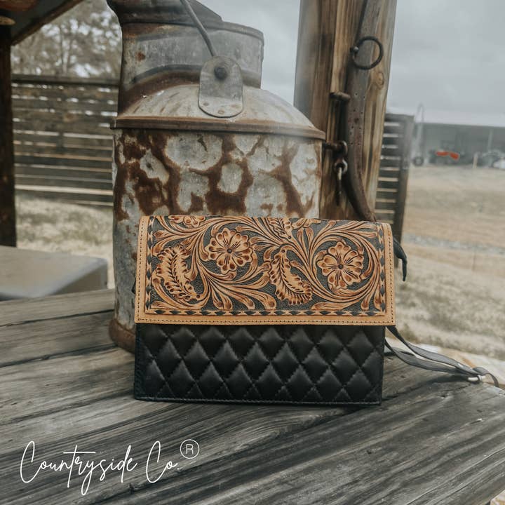 Texas Western Cowhide Bags and More - Wholesale Crossbody Bag - Women's - Quilted Leather Purse with Tooled Leather