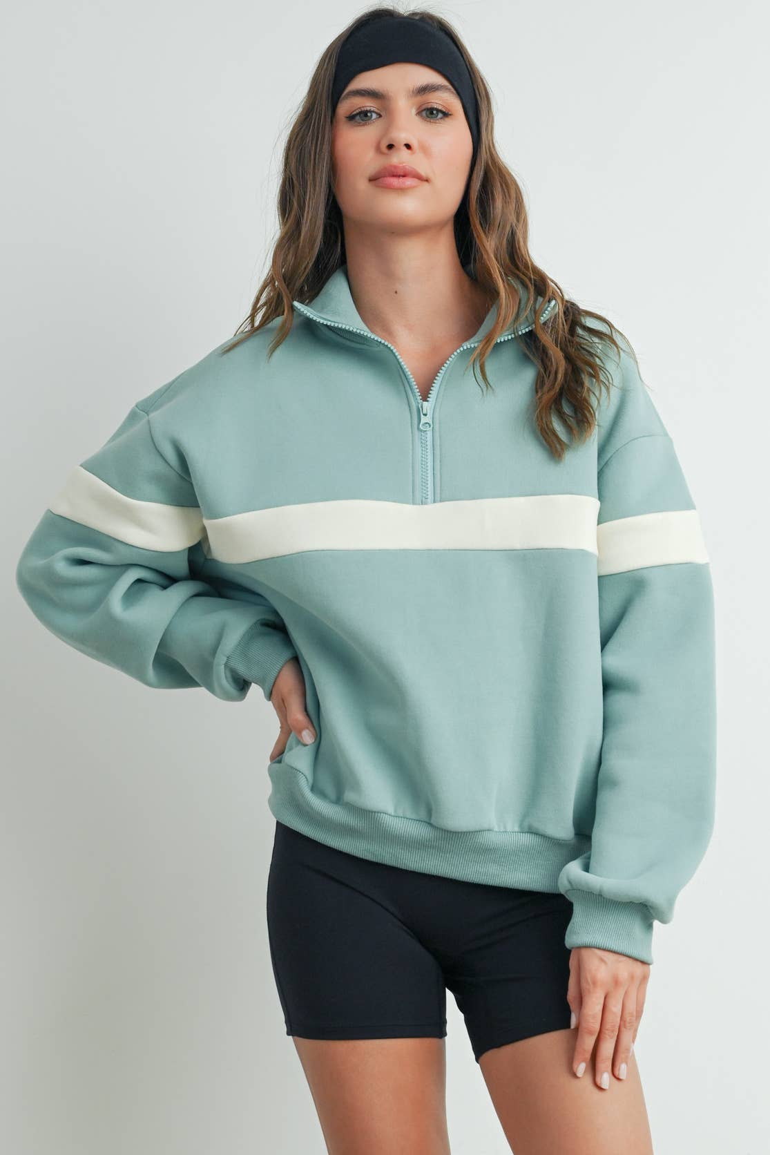 BUTTERMELON - Wholesale Sweatshirt - Women's - Two-Toned Half Zip Collar Sweatshirt - BMT753558