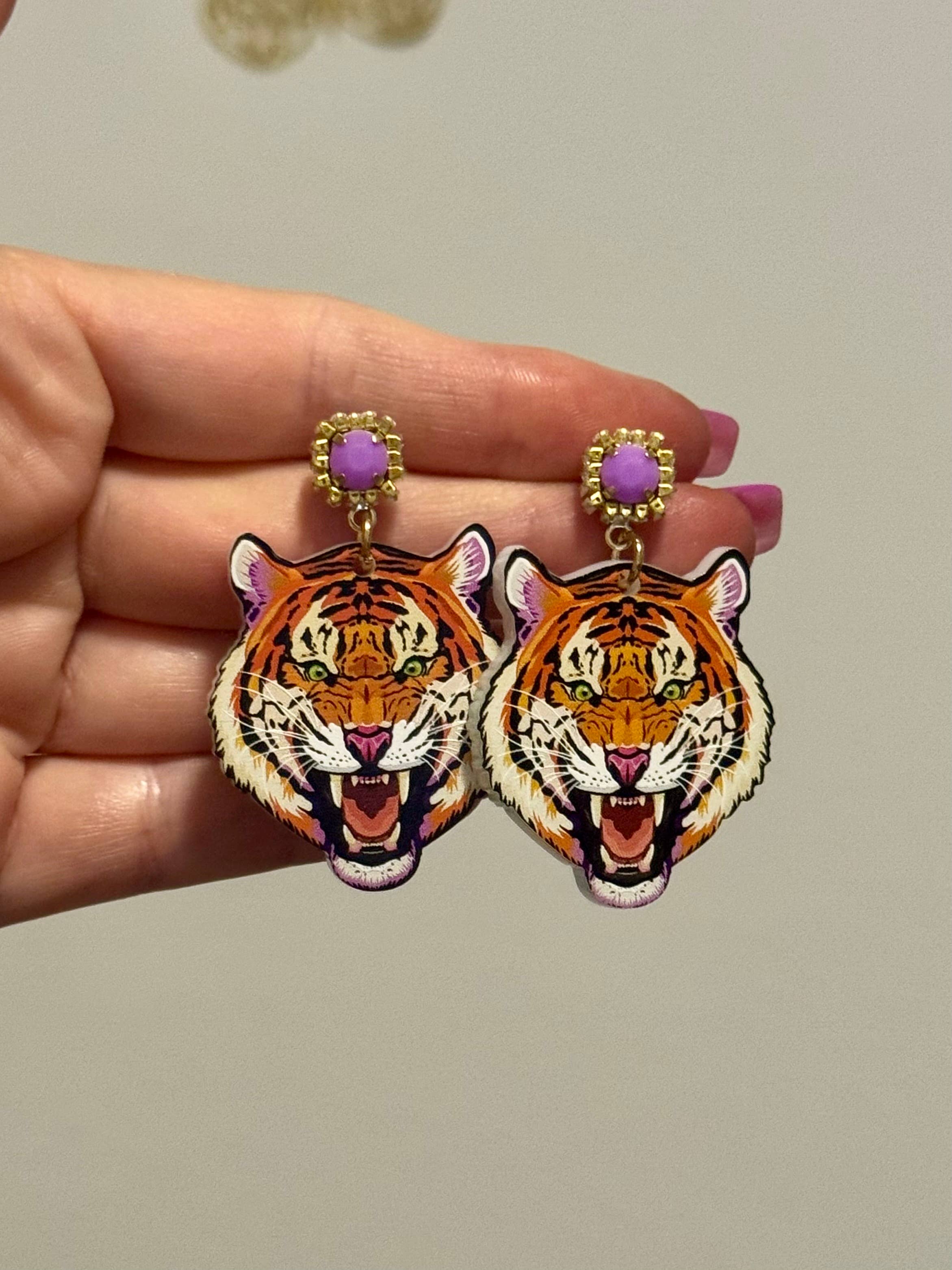 Louie Love - Wholesale Dangle Earrings - Gold Purple Acrylic Gameday LSU Tiger Face Earrings3