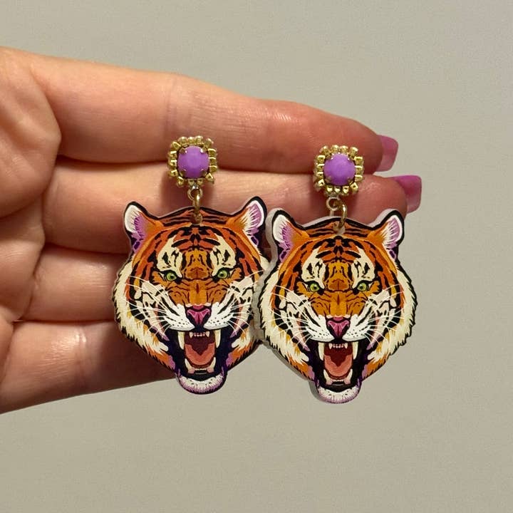 Louie Love - Wholesale Dangle Earrings - Gold Purple Acrylic Gameday LSU Tiger Face Earrings3