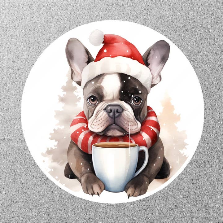 Adesivo natalizio con cappello da Babbo Natale in stile Bulldog francese per la vendita all'ingrosso da parte di GraffMerch.com