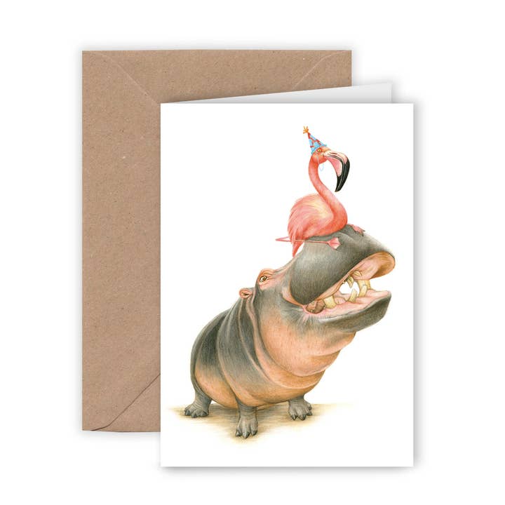Hippopotamus & Flamingo, Animal Greeting Card, Birthday Card for wholesale by Beast of Paradise