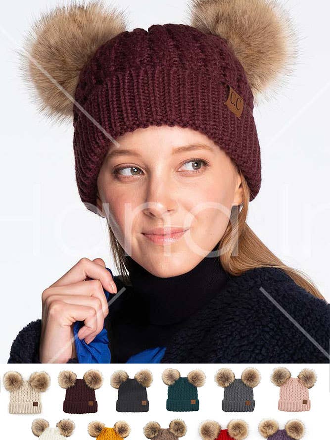C.C Double Pom Pom All Over Cable Knit Beanie for wholesale by Hana