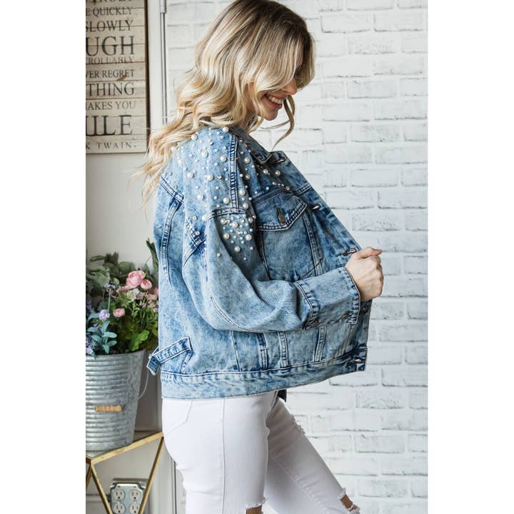 Med Wash Pearl and Rhinestone Denim Jacket for wholesale on Faire