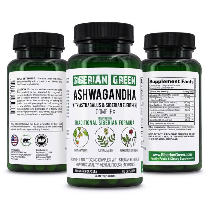 SiberianGreen - Wholesale Oral Supplement/Vitamin - Organic Ashwagandha Root Astragalus & Siberian Eleuthero Ginseng Complex 60 Caps