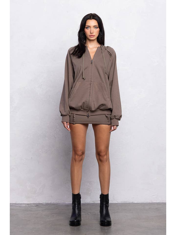 No Vacancy - Wholesale Top & Skirt Set - Women's - Raw stitch detail loose fit zip up and mini skirt set