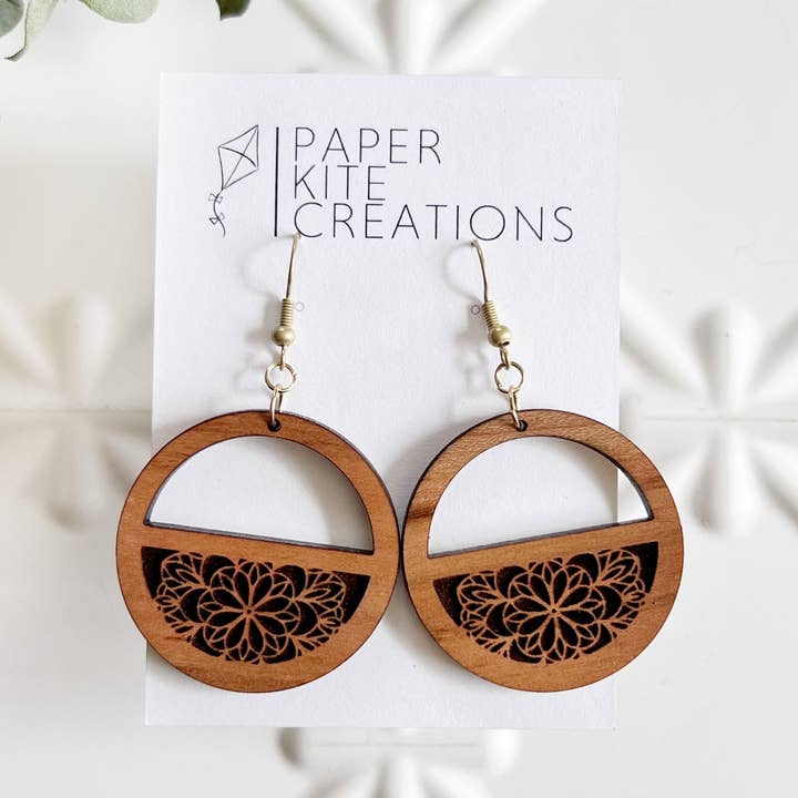 Natural Cedar Wood Dangle with Engraved Mandala for wholesale by Paper Kite Creations