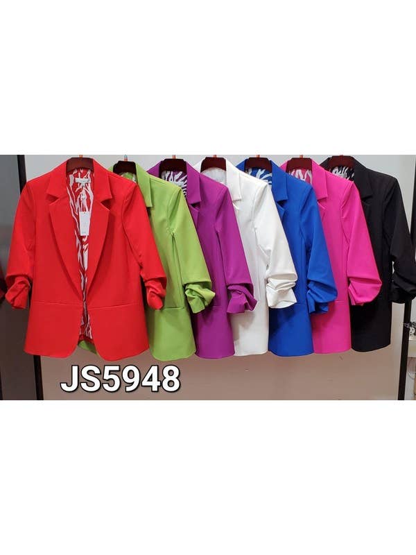 OVI - Wholesale Blazer - Women's - Ruched 3/4 Sleeve Blazer with Print Lining & Welt Pockets