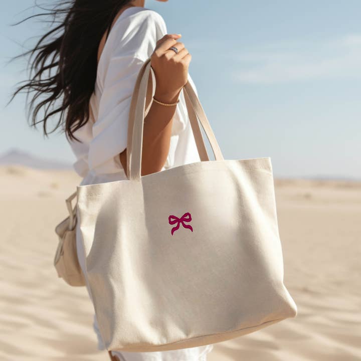 P E T I T R U E - Wholesale Tote Bag - Women's - Embroidered Minimalist Bow Cute Canvas Tote Bag