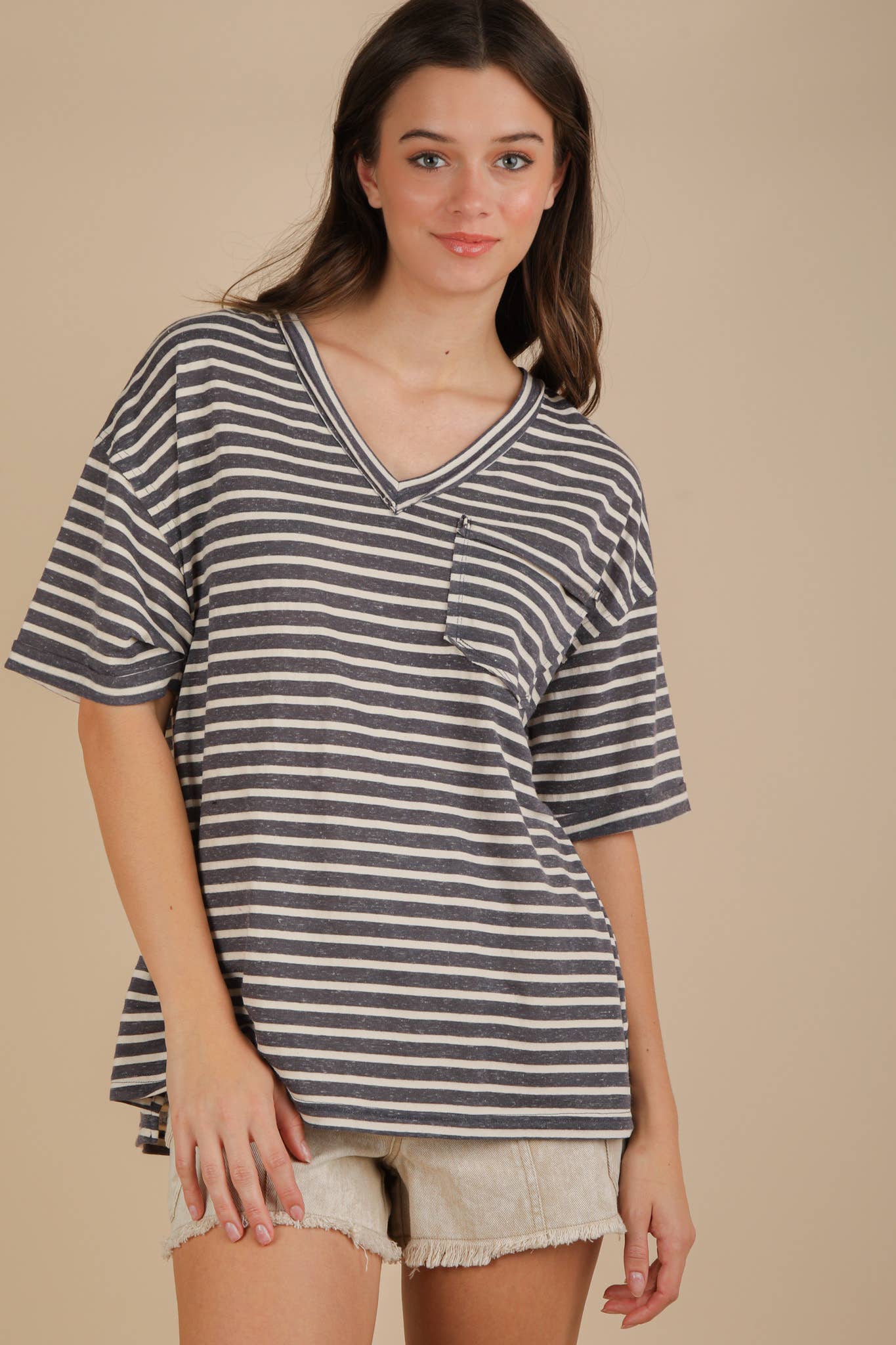 VERY J - Wholesale Knit Top - Women's - NT12167-Oversized Stripe Casual V-Neck Knit Top38
