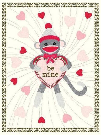 Biglietto «Be Mine Sock Monkey» per la vendita all'ingrosso da parte di yellow bird paper greetings