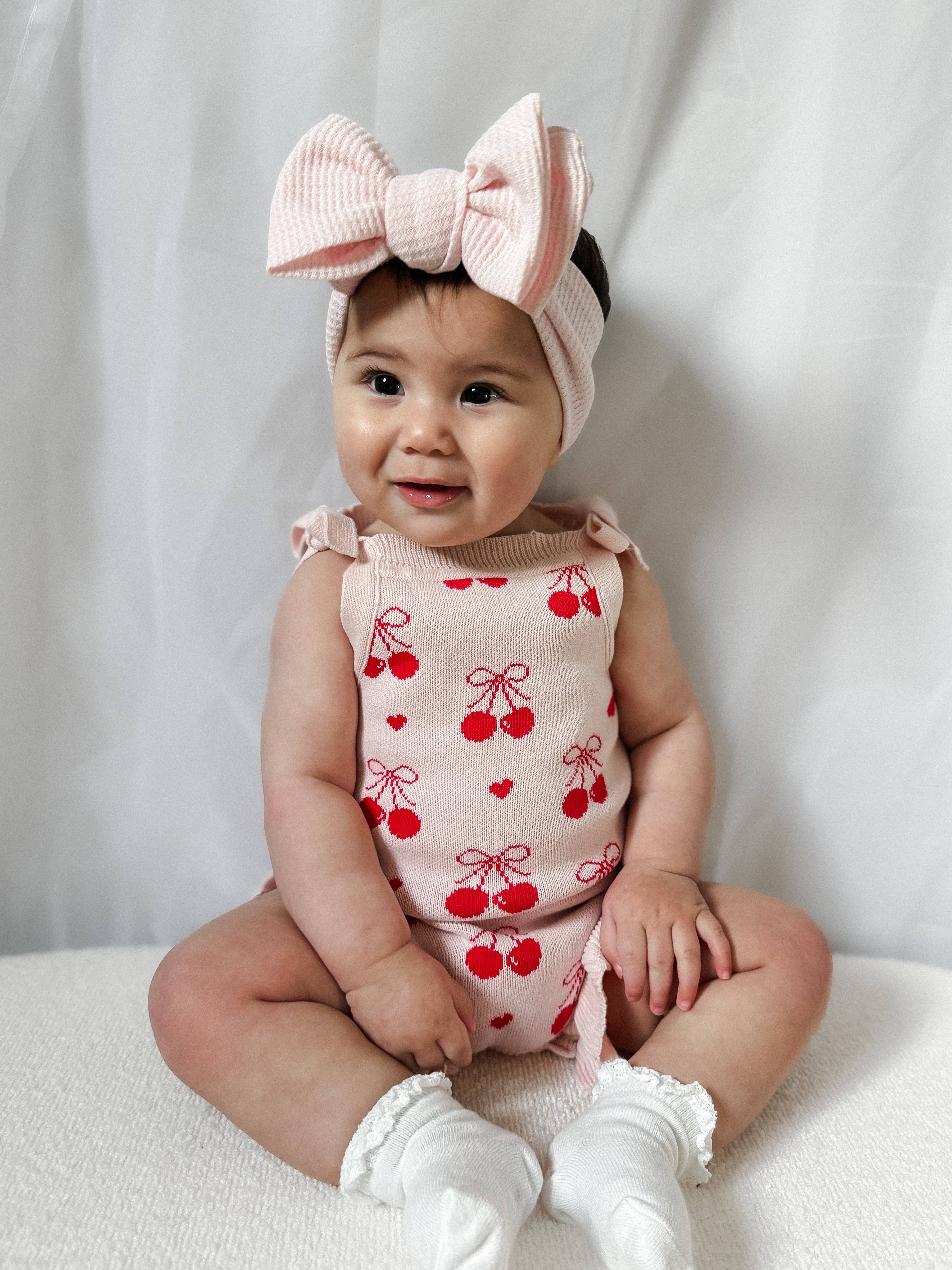 Petite + Co - Wholesale Security/cuddle blanket – Baby - SUMMER CHERRY HEART BOW FRILL ROMPER