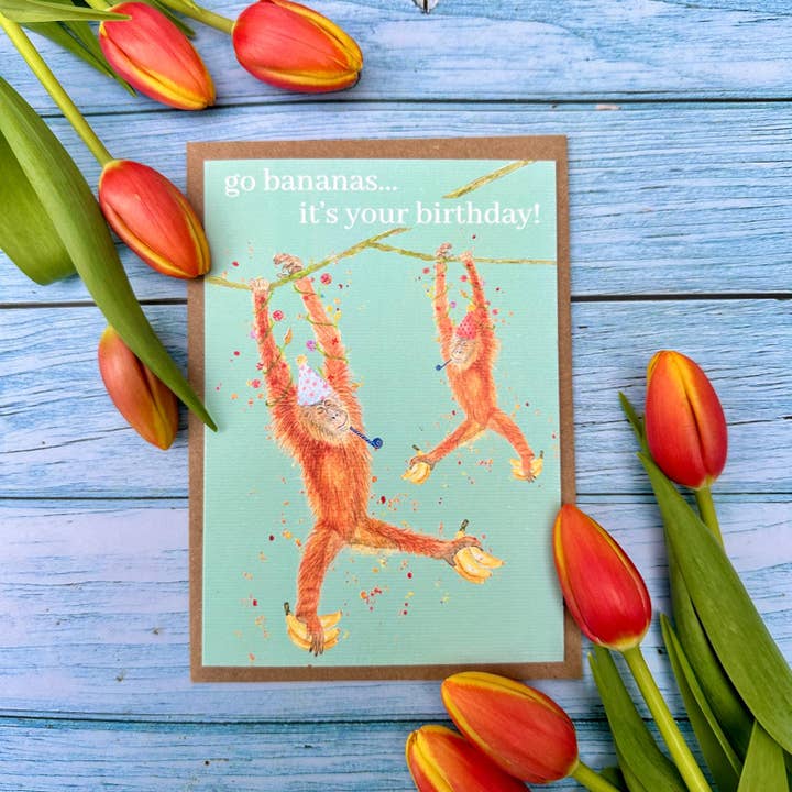 Go Bananas Orangutan Fødselsdag Miljøvenligt Kort Farverigt for engroshandel hos Jen Winnett Eco Artist
