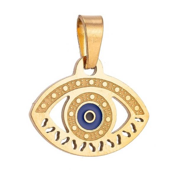 Gold Stainless Steel Greek Eye Charm Evil Eye Pendant Necklace, Greek Eye Pendant Charm Bails Findings for Jewelry Making J-330 for wholesale by Aim Eternal