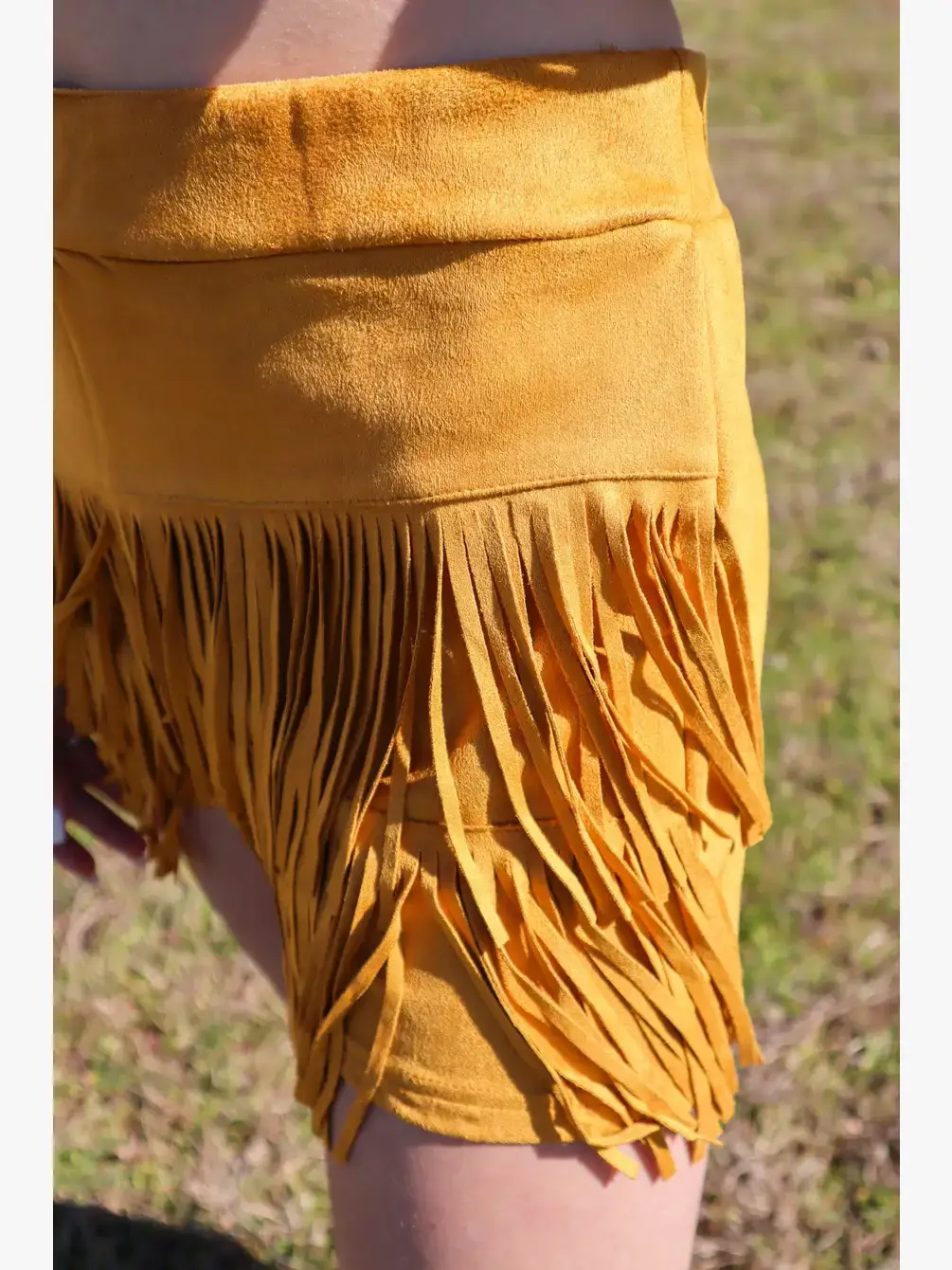 MK266 Holy Cow Vegan Suede Fringe Front Shorts - Mustard for wholesale on Faire4