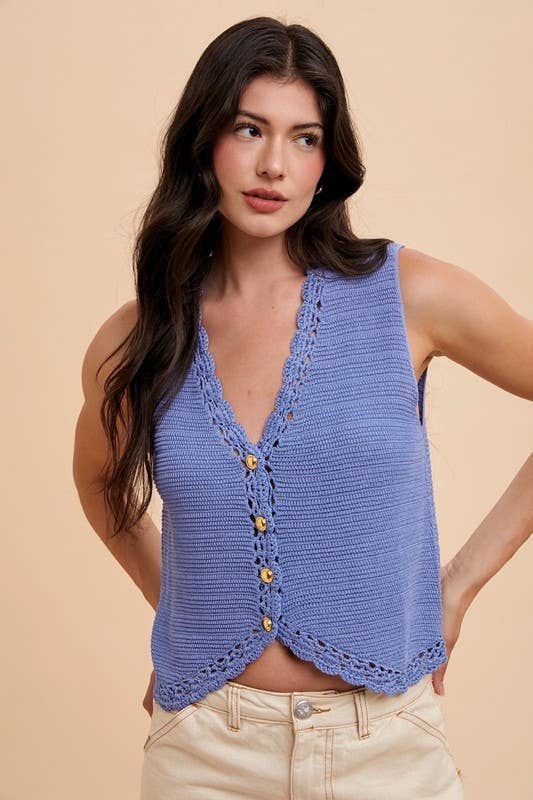 Vanilla Monkey - Vente Haut en maille – femme - Gilet en maille avec boutons et bordure en crochet1