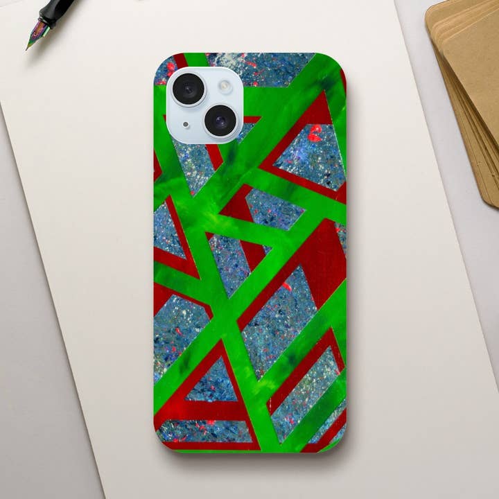Abstract Art iPhone Case - A Walk in the Garden | Tough Case for iPhone 16, 15, 14, 13, 12 | Green & Red Geometric Design | Heavy Duty Dual Layer Protection | Unique Artist Phone Cover for wholesale by James Knights Art