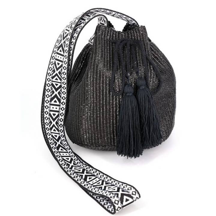 3AM BY H&D ACCESSORIES - Wholesale Crossbody Bag - Women's - SOLID BUCKET BAG WITH AZTEC STRAP