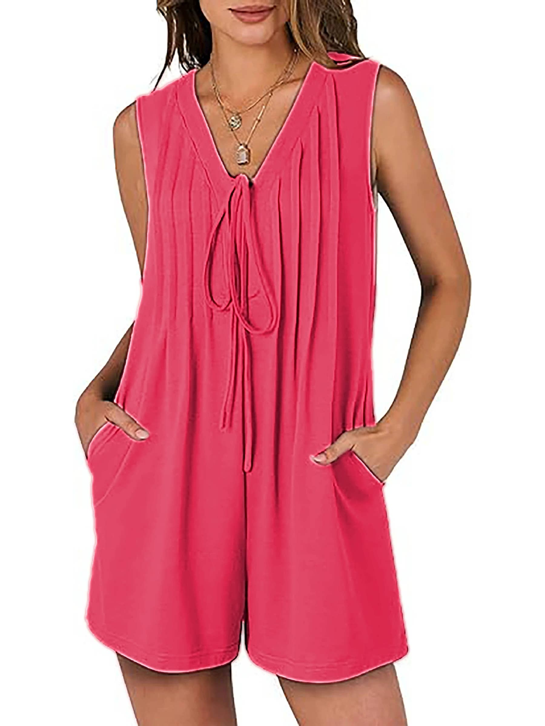 Wholesalesir - Wholesale Romper - Women's - Loose Sleeveless Pleated Front Lace Up Jumpsuit Pocket4