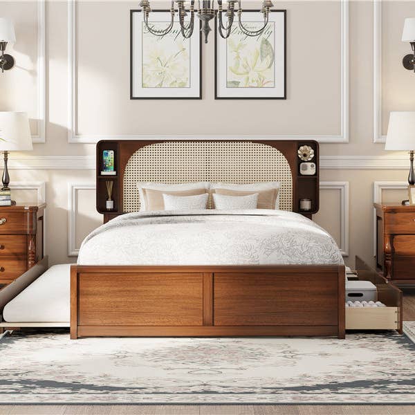 HOMYCASA DESIGN INC - Wholesale Bed - Queen Size Rattan Headboard Bed with Two Drawers and Trundle, Walnut13