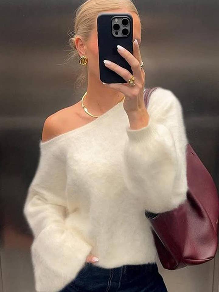 Off-Shoulder Fuzzy Sweater for wholesale by Mccolin