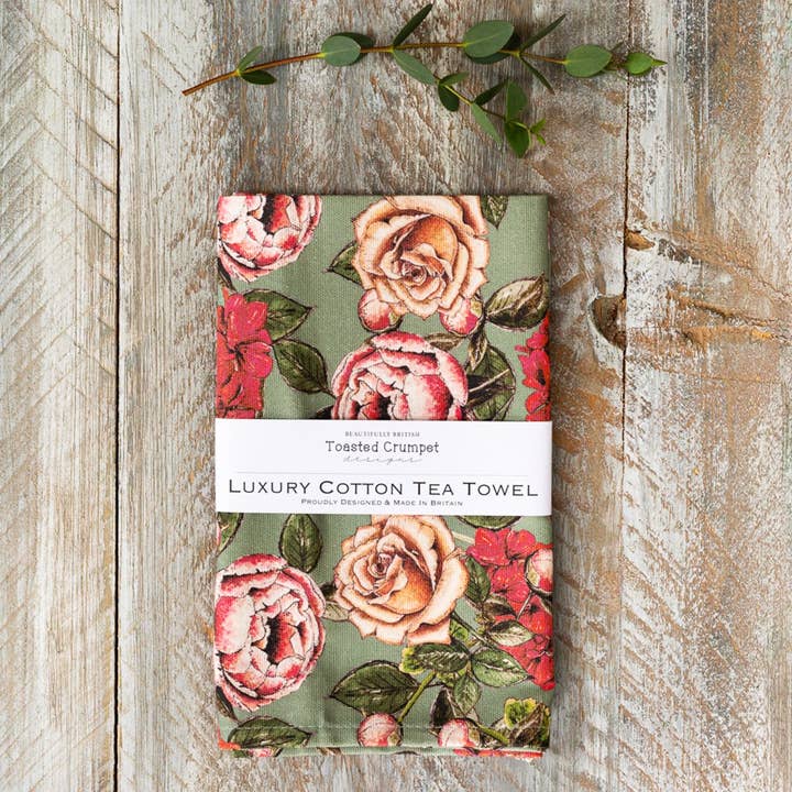 In Full Bloom (Vintage Green) Tea Towel for wholesale by Toasted Crumpet