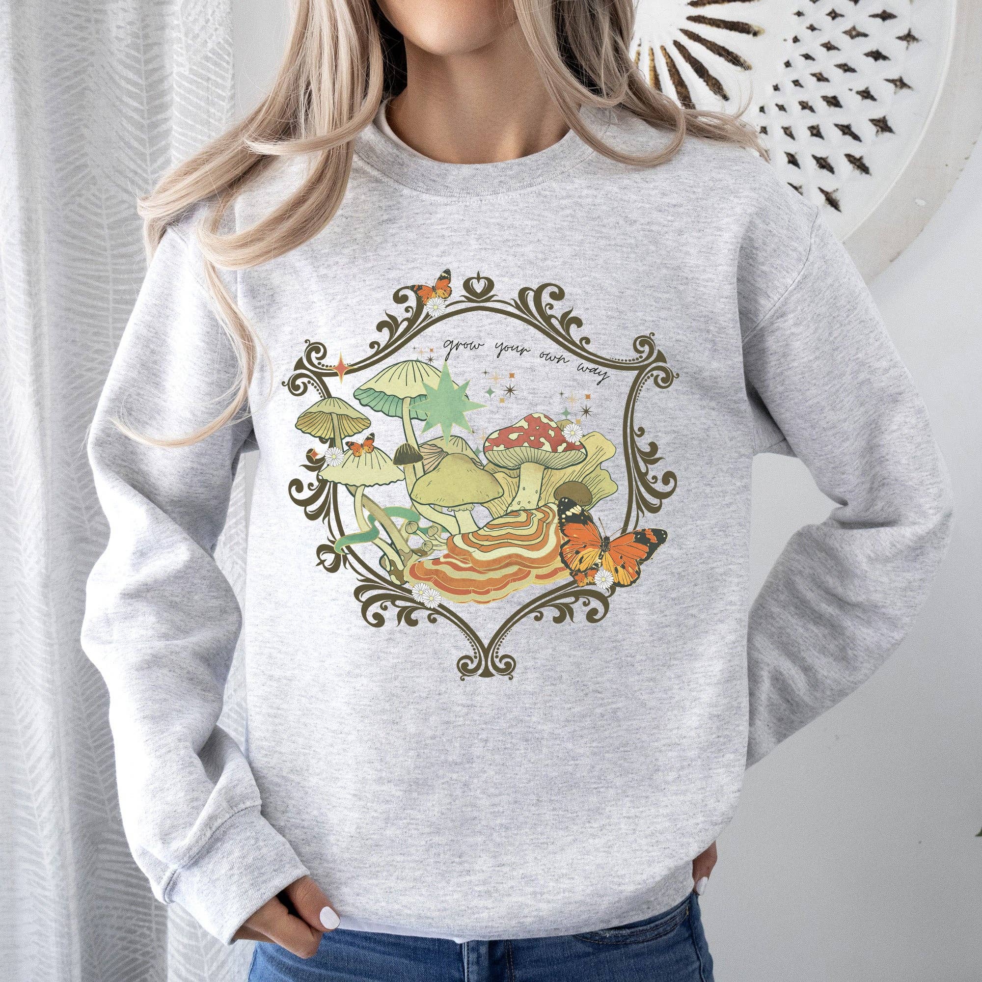 Refinery Number One LLC - Wholesale Graphic Sweatshirt - Women's - Grow Your Own Way, Mushrooms, Moth, Flowers, Nature, Cottage Sweatshirt0