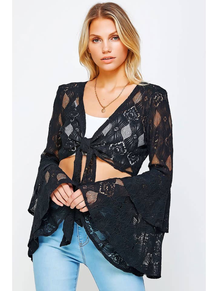 Sweet Generis - Wholesale Blouse - Women's - LACE FRONT TIE CROP TOP WITH DOUBLE BELL SLEEVES