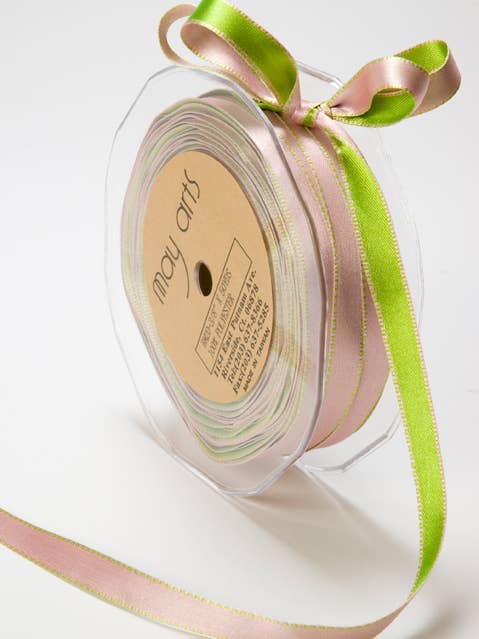 3/8" Woven Double Face Satin Reversible Ribbon, Pink/Green for wholesale by May Arts Ribbon