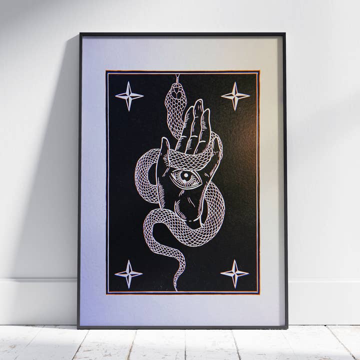 Snake in Hand - Black - A3 Linoprint for wholesale by GDSM.Prints