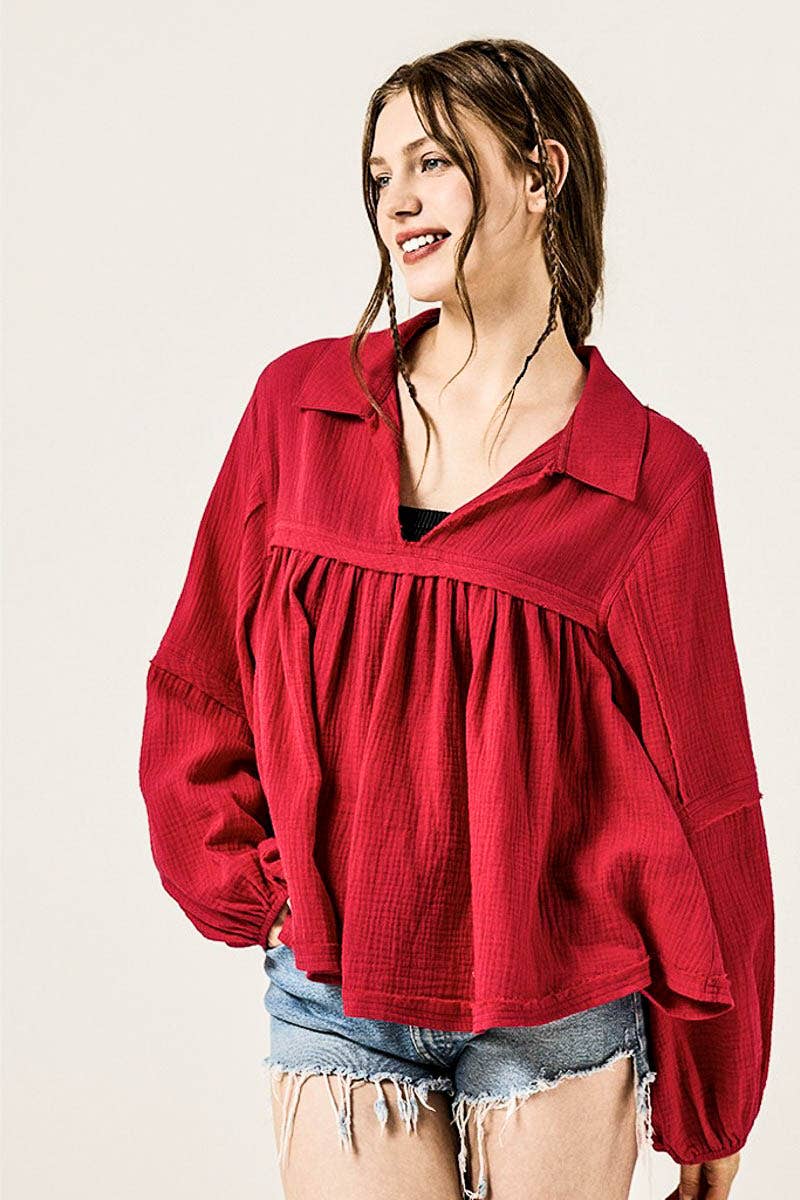 noflik - Wholesale Blouse - Women's - Plus  Bubble Slv Cotton gauze Babydoll Blouse- INT1070P_0