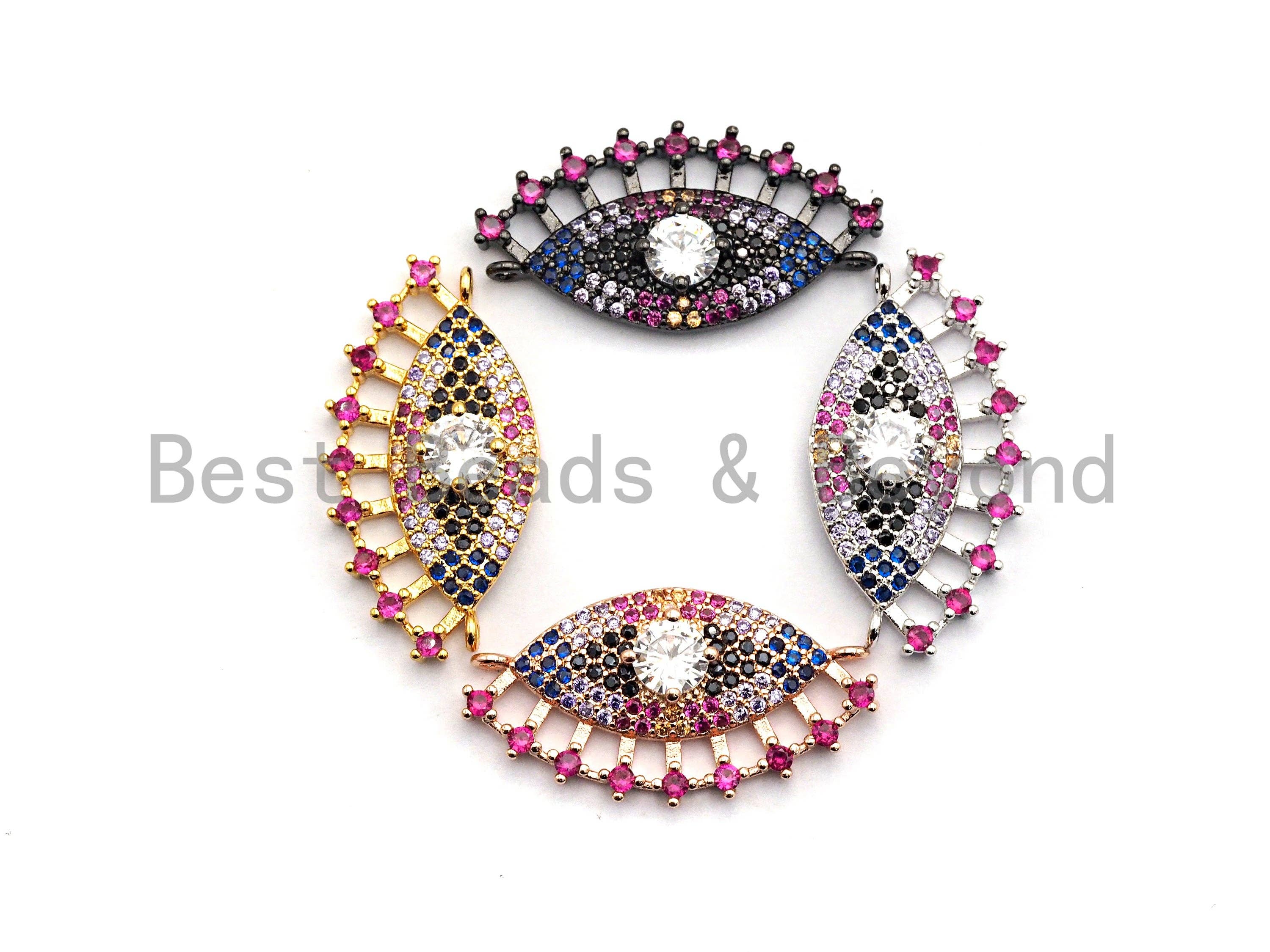 BestBeads&Beyond - Wholesale Individual charm/pendant - Colorful CZ Micro Pave Evil Eye With Long Eyelashes Connector for Bracelet/Necklace, Evil Eye Connector, 15x28mm,sku#E468