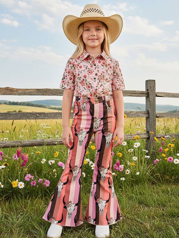 Bull prints pink denim bell bottom girls pant DLH2767 for wholesale by luluclothes