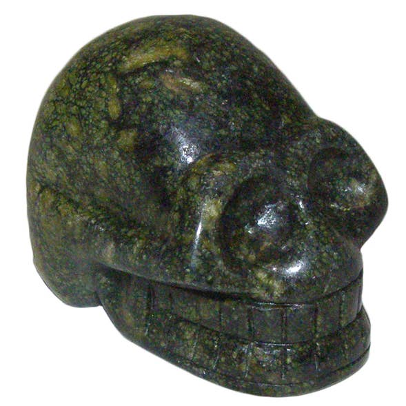 Green Snake Skin Carved Skull for wholesale by Crystal Magick Wholesale Ltd