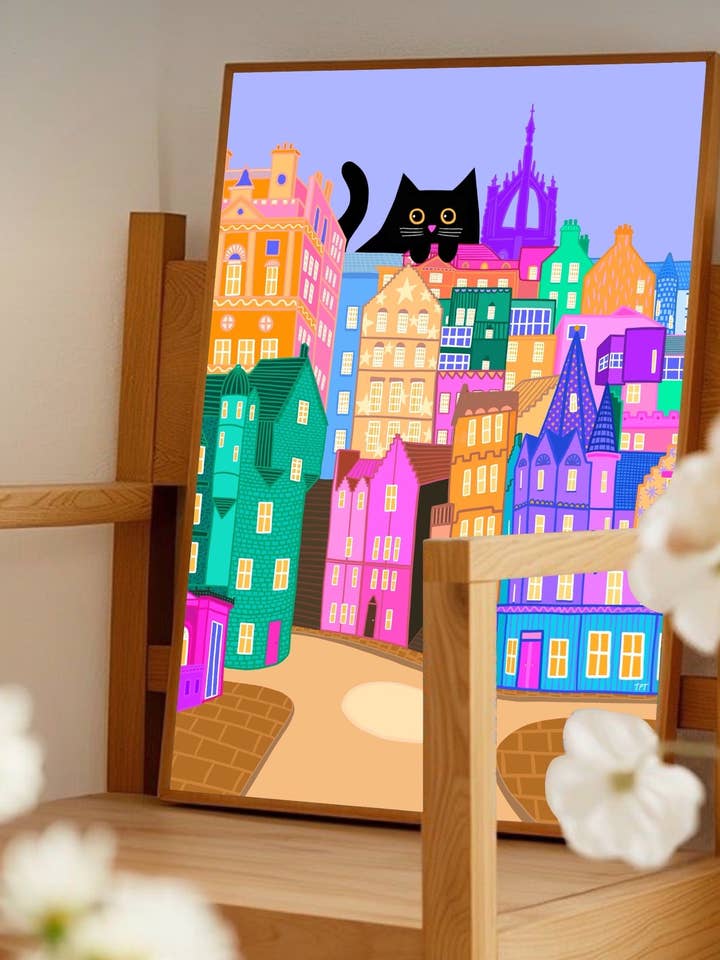 Edinburgh Cat Art Print: Whimsical City Illustration for wholesale by The Paper Tail