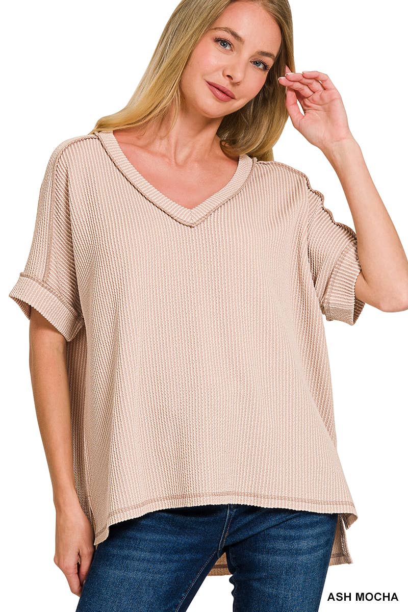 42POPS – wholesale Stickad topp - Dam – .Corded Rib Kortärmad Topp med Rå Kant68