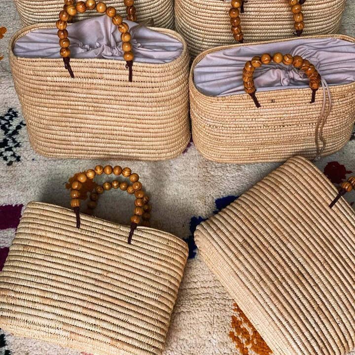 King Of Handmade - Wholesale Beach Bag - Handcrafted Moroccan Raffia Bags with Wooden Bead Handles