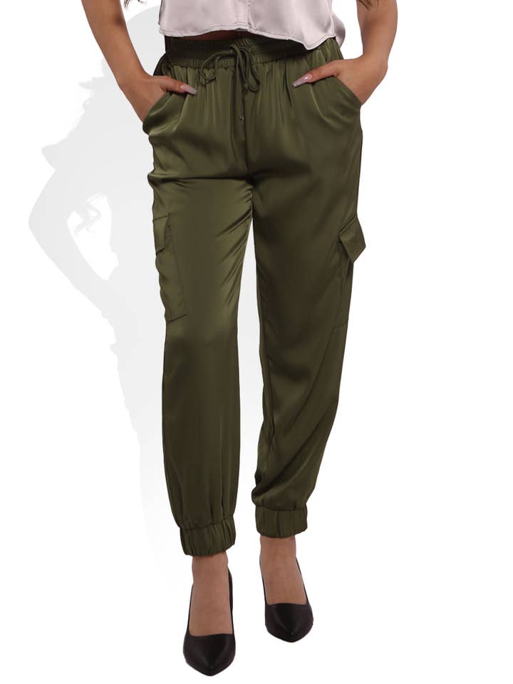 REDFINCH APPAREL INC - Wholesale Lounge Sweatpants/Joggers - Women's - Women's Satin Cargo Joggers With Self Waist Tie2