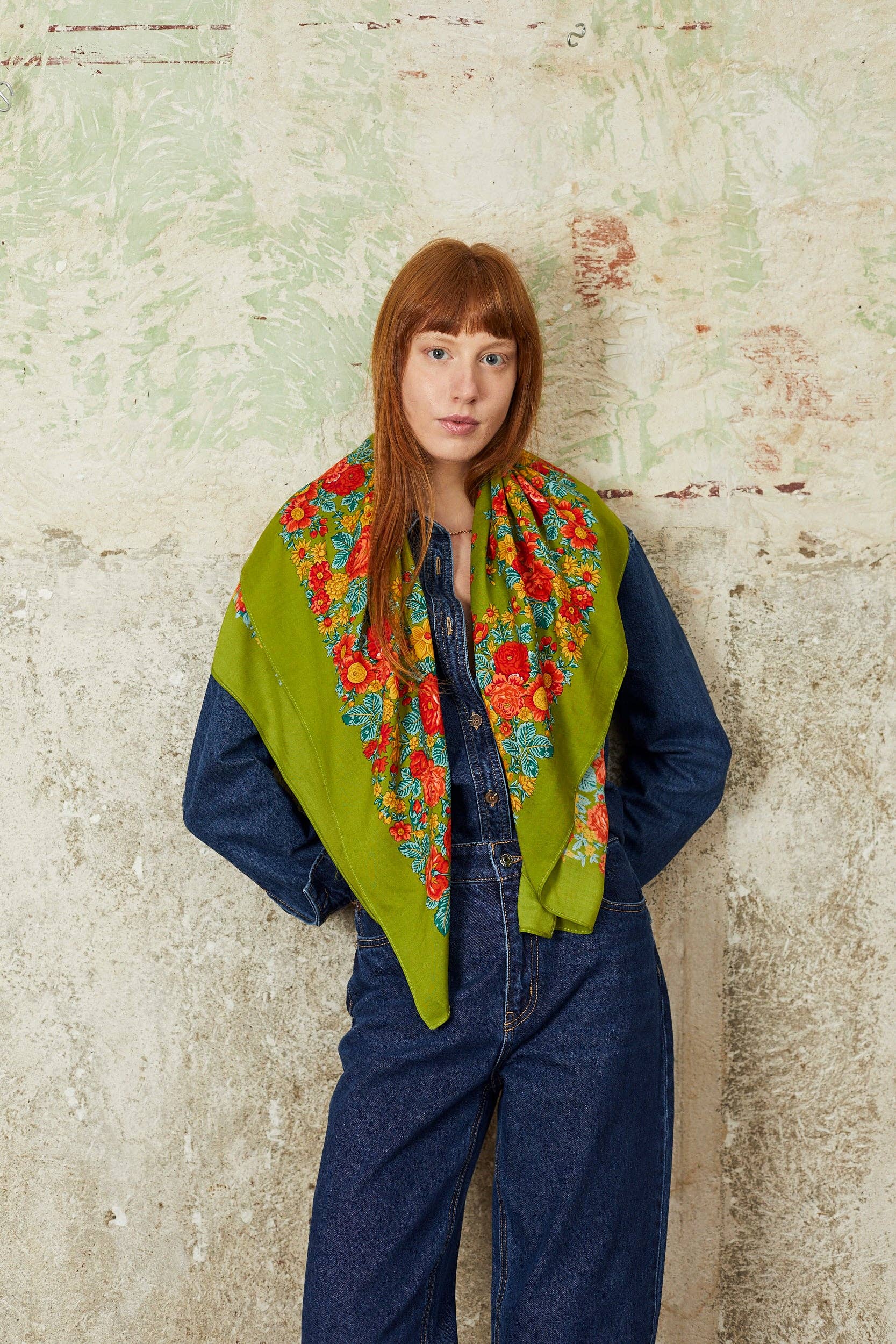 Eturel Madrid - Wholesale Scarf - Women's - Portuguese scarf with olive green flowers0