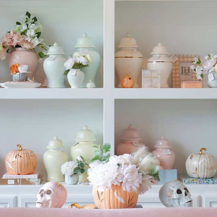 Lo Home | Ruby Clay - Wholesale Decorative Tabletop Object - "Mr. Bones and Charlotte" Skull Decor with 22K Gold Accents- Pink3