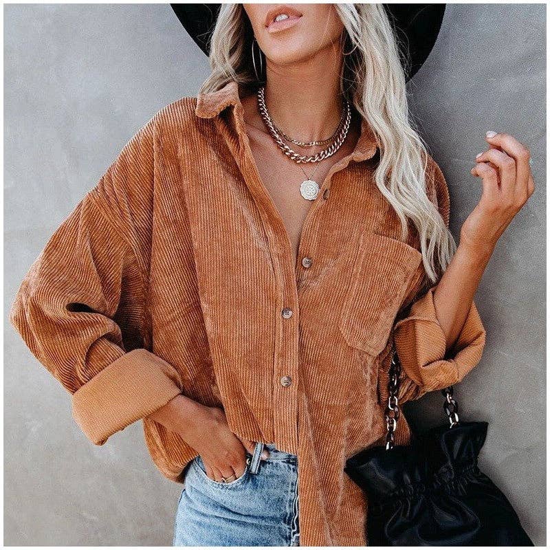 FurDecoration - Wholesale Jacket - Women's - Corduroy Lapel Jacket - Solid Color Casual Outerwear3